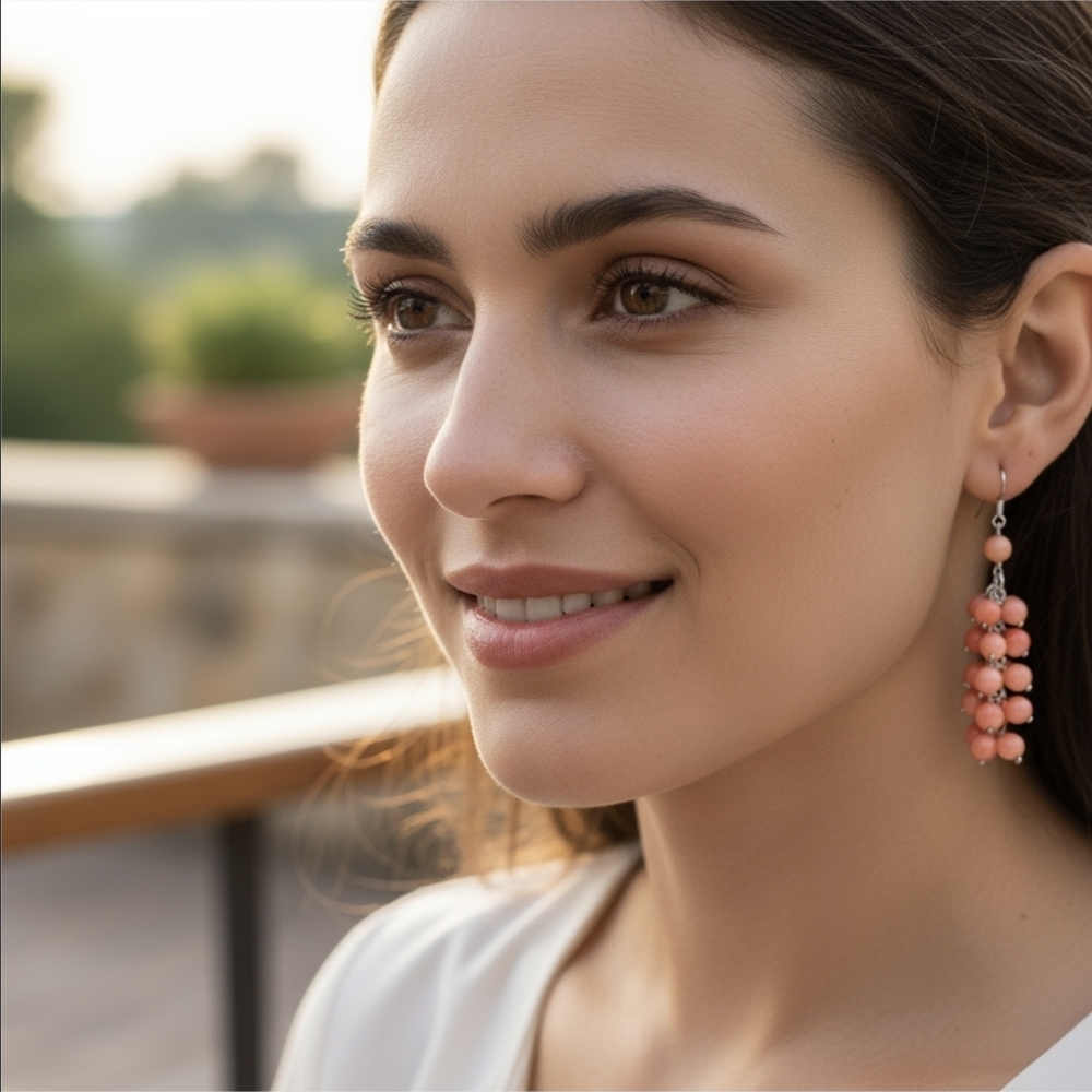 Red Coral Dangle Earrings ✦ 35.00ctw Sterling Silver ✦ Rhodium French Hooks NWT - Picture 4 of 6